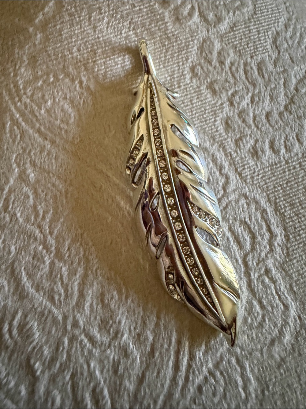 Vintage Brighton Silver Tone Feather Pendant / Amulet with Rhinestones Boho 3”
